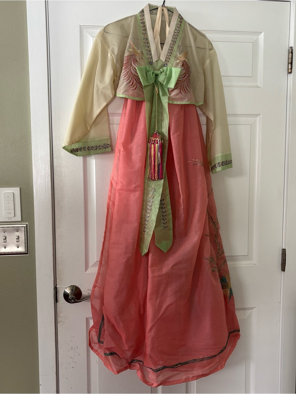 Traditional Hanbok Set Jeogori + Chima Embroidered Pink Beige Silk‑Like